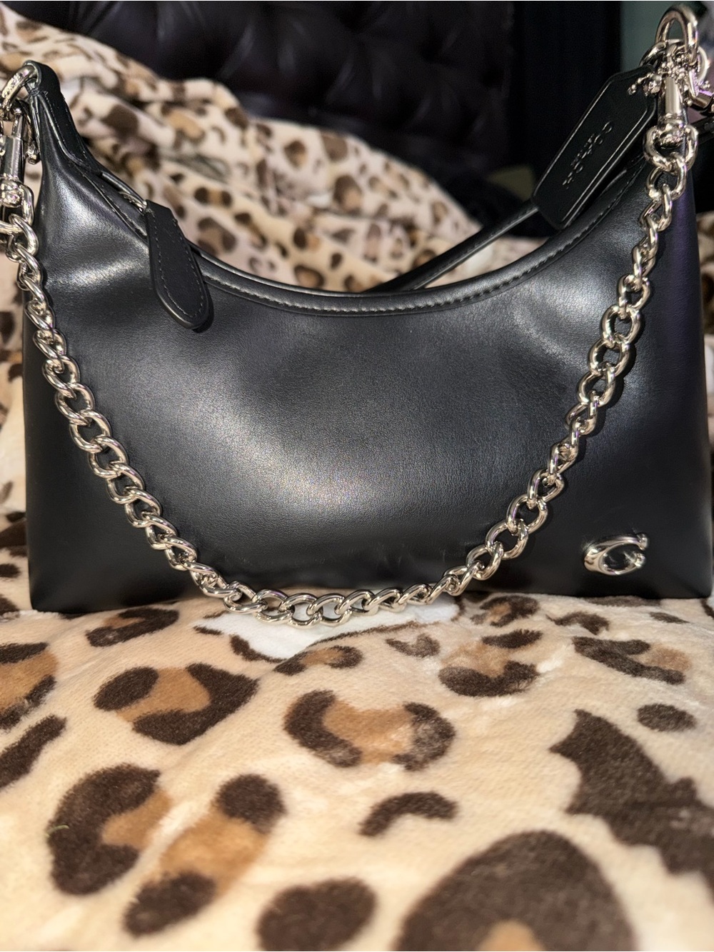 Coach Black Leather Shoulder Bag with Silver Chain